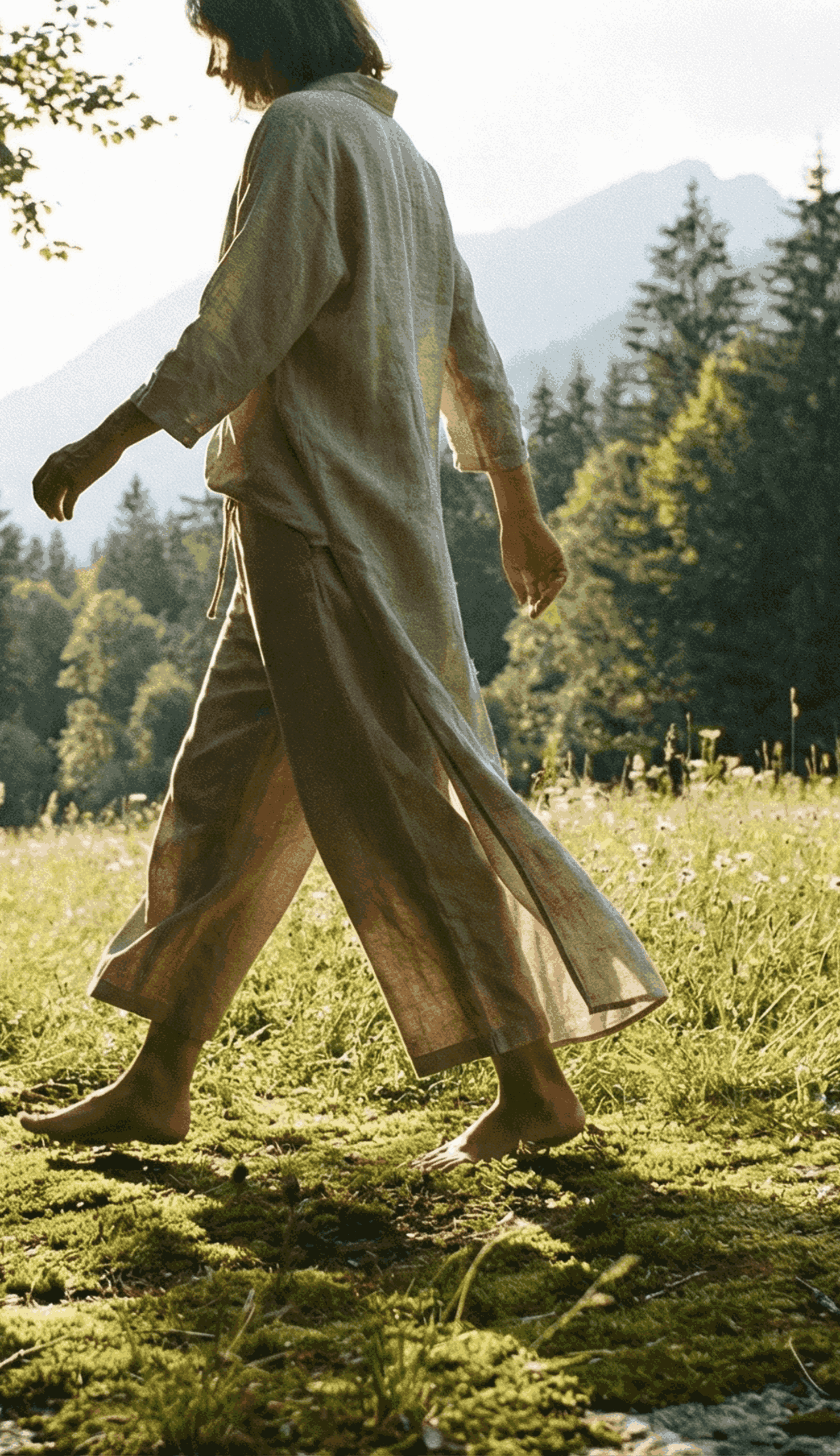 Person walking barefoot through a sunlit meadow, dressed in a loose beige linen tunic and matching wide-leg trousers, with a green forest and a misty mountain peak in the background.